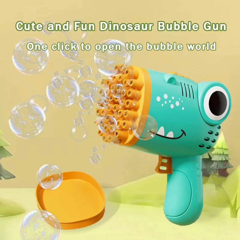 Pistola de Burbujas Eléctrica Dinosaurio 40 Agujeros – Máquina Automática Portátil de Burbujas para Niños al Aire Libre
