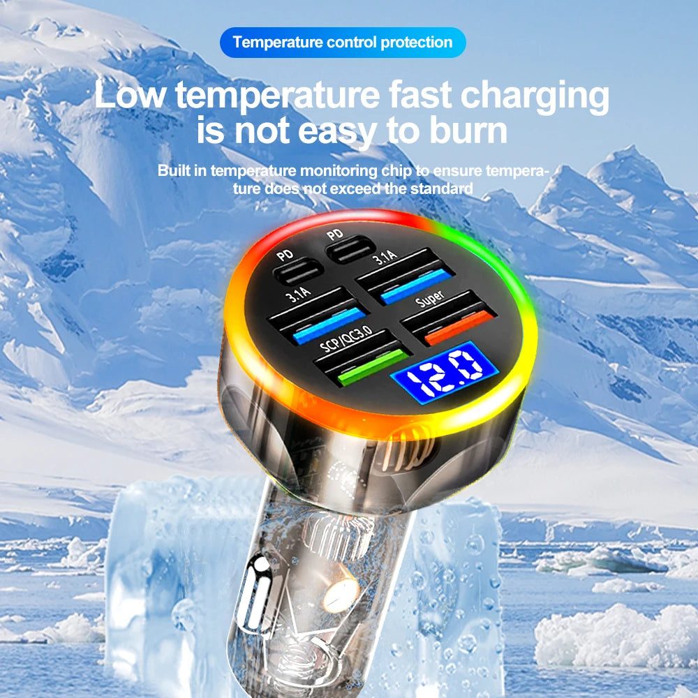 250W Fast Car Charger 6 Ports Quick Charge PD Type C USB A Adapter Transparent Case for iPhone 15 16 Pro Samsung S24 Xiaomi Poco