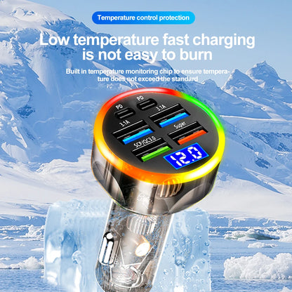 250W Fast Car Charger 6 Ports Quick Charge PD Type C USB A Adapter Transparent Case for iPhone 15 16 Pro Samsung S24 Xiaomi Poco