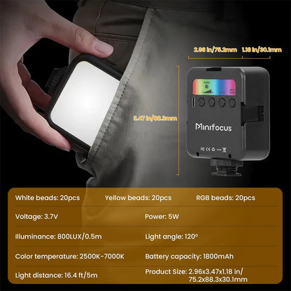 Mini luz LED RGB portátil – Luz de relleno para cámara, smartphone, GoPro y laptop, 2500K-7000K, recargable con 3 soportes Cold Shoe