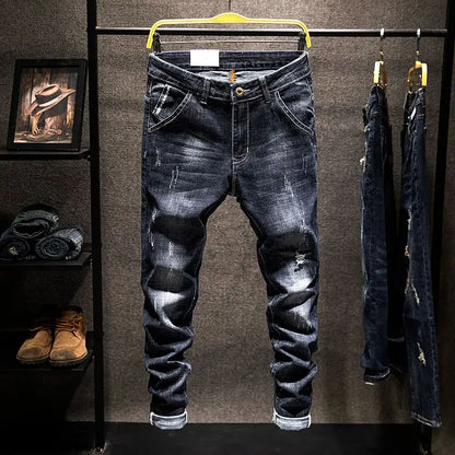 Jeans Hombre High Street | Pantalón Slim Fit Ripped Recto Elástico Streetwear Todo el Año 2025