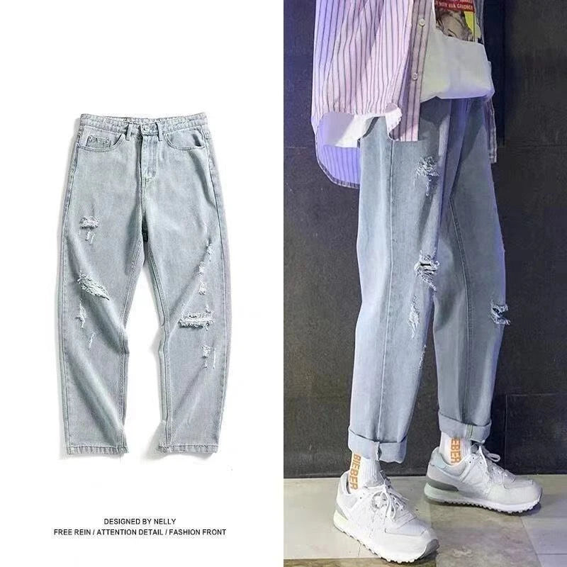 Jeans Oversize Hombre Cropped Verano | Vaqueros Rotos Tallas Grandes Moda Coreana
