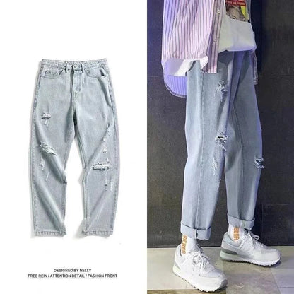 Jeans Oversize Hombre Cropped Verano | Vaqueros Rotos Tallas Grandes Moda Coreana