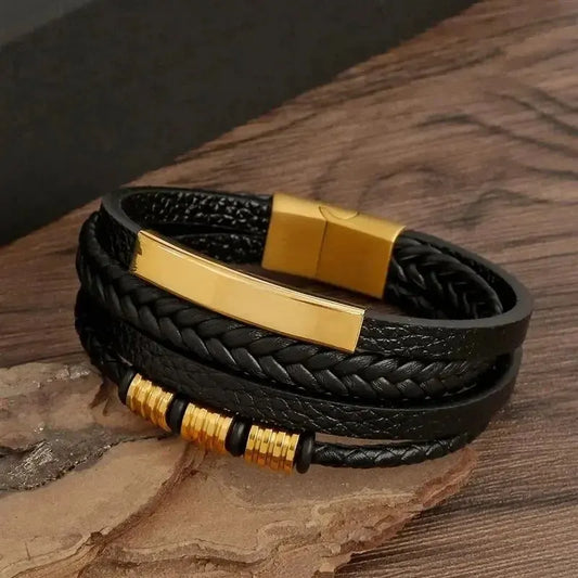Pulsera de Cuero PU Multicapa para Hombre – Cierre Magnético con Tubo Metálico Dorado, Joyería Hip Hop de Moda Masculina