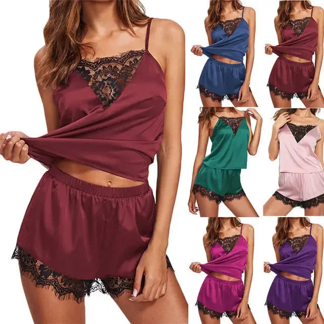 Pijama Mujer Sexy Satín 2 Piezas | Conjunto Floral Top Cami V-Cuello + Shorts