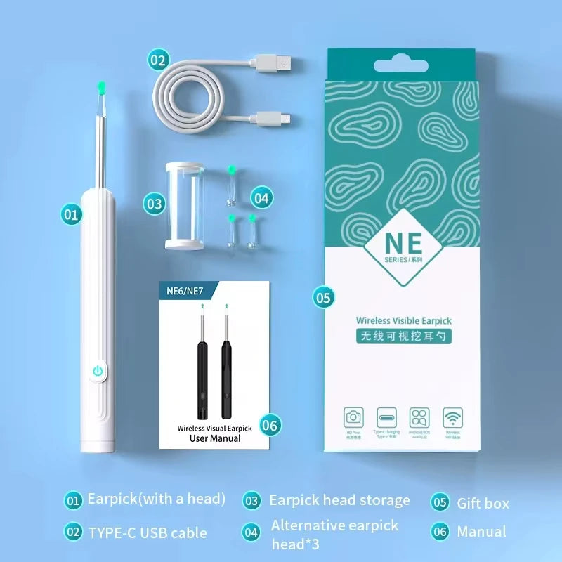 Limpiador de Oídos con Cámara HD 5MP y Luz LED | Kit Inteligente de Limpieza Auricular Inalámbrico USB Recargable