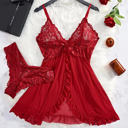 Lencería Sexy Mujer Roja Transparente | Baby Doll de Encaje con Tanga Conjunto Noche
