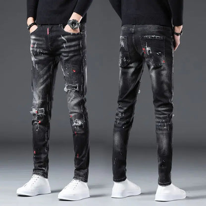 Jeans Slim Hombre Ripped Pintura | Pantalón Vaquero Streetwear Lujo Primavera Otoño 2025