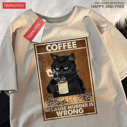 Camiseta Oversize “Because Murder Is Wrong” – T-shirt Black Cat, Algodón Transpirable, Streetwear Unisex, Manga Corta
