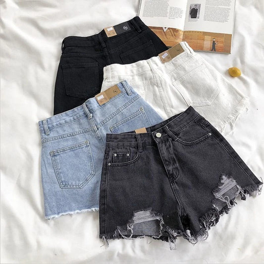 Shorts Vaqueros Mujer Cintura Alta | Denim Coreano Pierna Ancha con Roturas Streetwear 2024