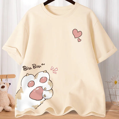Camiseta Oversize Mujer Verano | Estampado Gatito Huella Amor Manga Media Casual