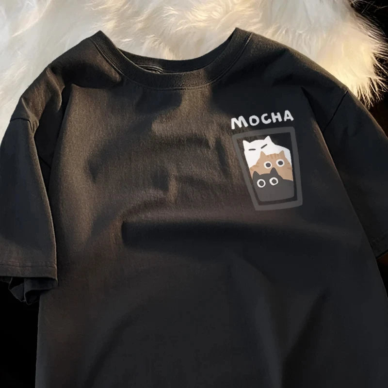 Camiseta Oversize Pareja | Estampado Café y Gatito Mocha Latte Unisex
