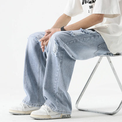 Jeans Hombre Verano Rasgados Rectos | Pantalones Vaqueros Sueltos Retro Cordón Ajustable Streetwear