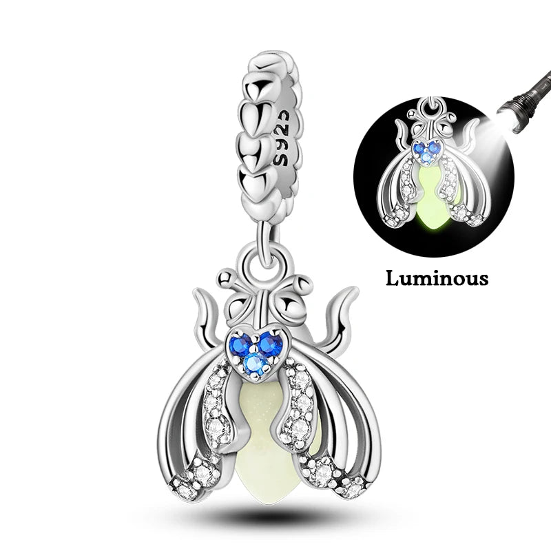 100% 925 Sterling Silver Creative Blue Luminous Firefly Charms Pendants Fit Qikaola 925 Original Bracelets DIY Birthday Jewelry