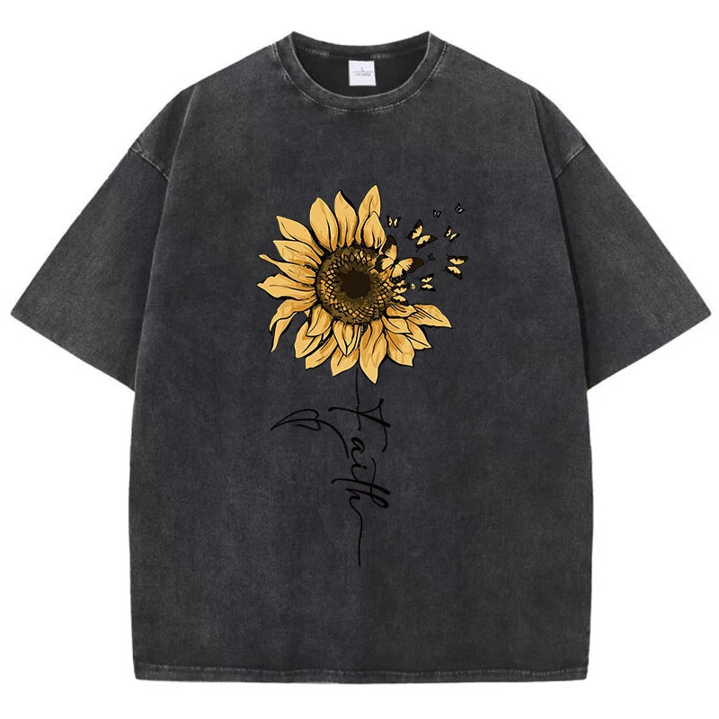 Camiseta Oversize Mujer Vintage Negra | Algodón Lavado Estampado Girasol y Mariposa