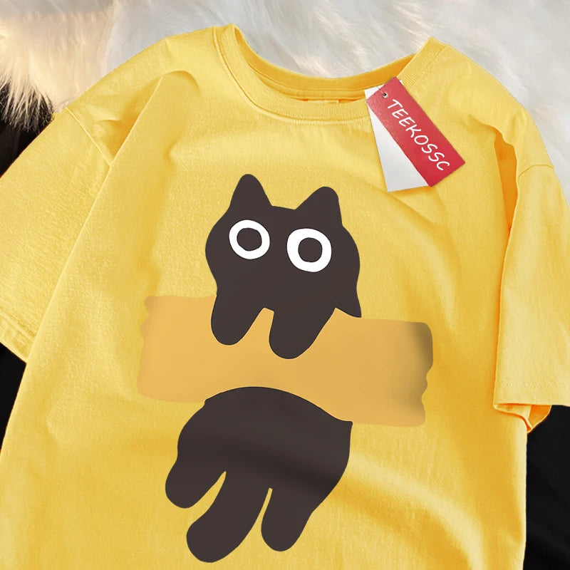 Camiseta Oversize con Estampado de Gato – T-shirt Manga Corta Estilo Japonés Unisex, Algodón, Cuello Redondo