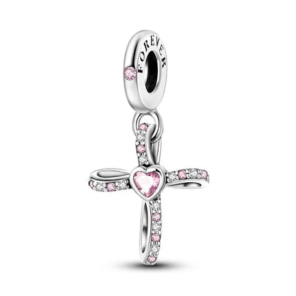 Charm de Plata 925 Rosa con Corazón, Perfume, Lazo y Cruz – Abalorios Elegantes para Pulseras Originales