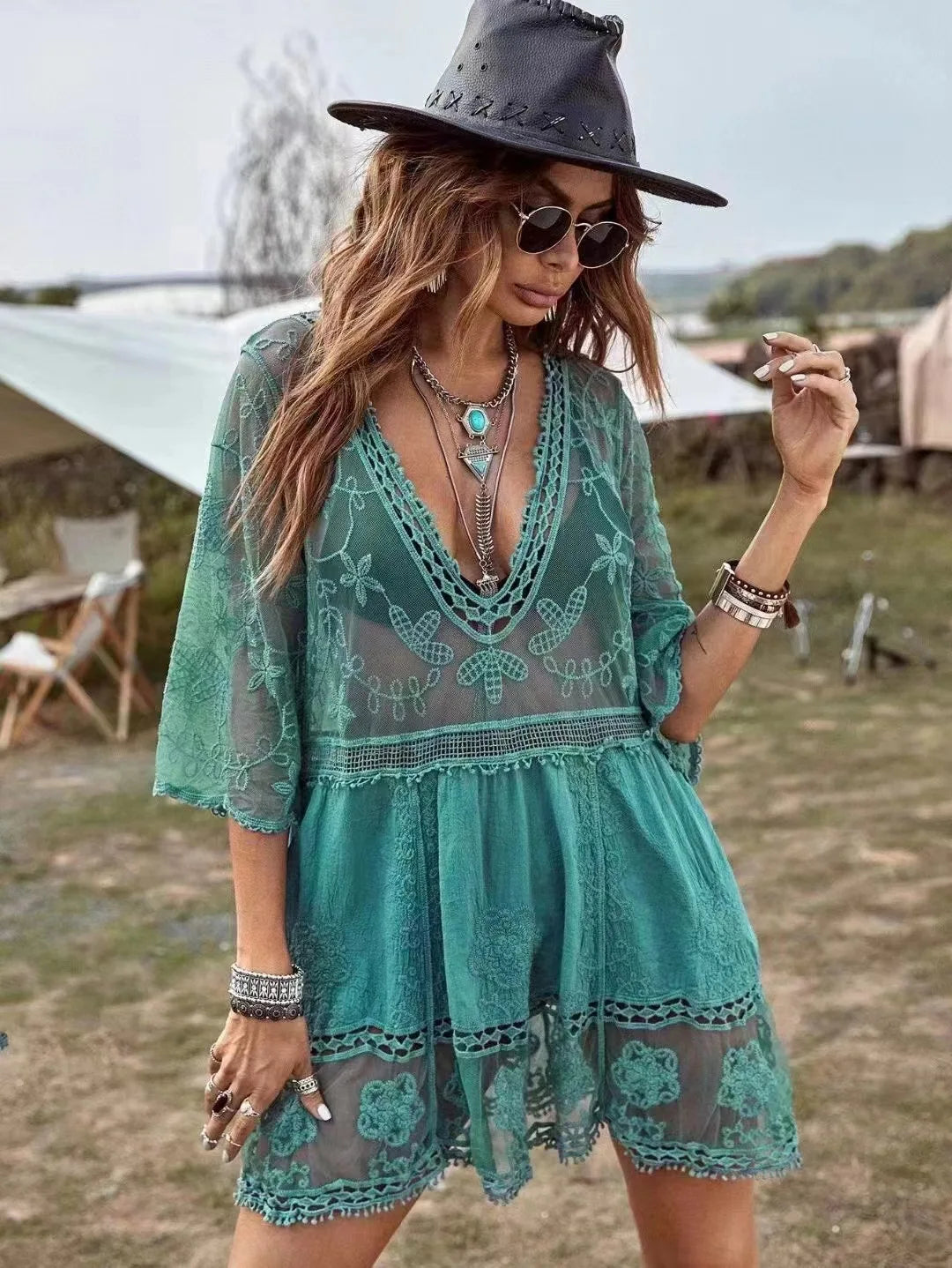 Vestido Playero Encaje Mujer | Salida de Baño Bikini Cover Up Kimono Corto V-Cuello