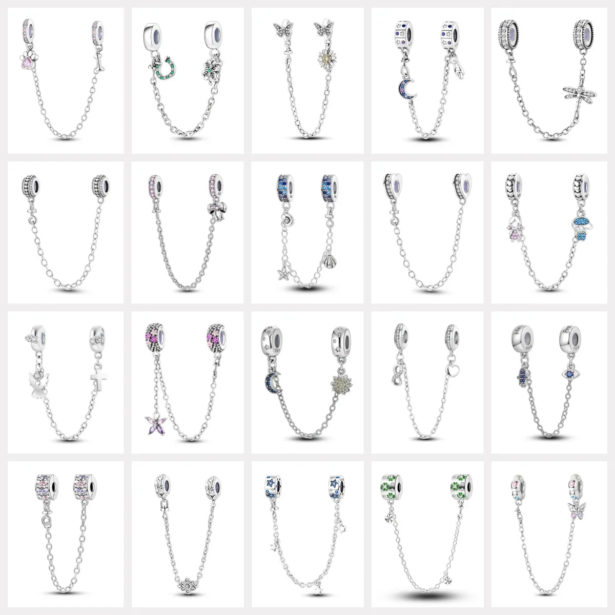 Charm de seguridad en plata 925 – Serie copo de nieve, luna, estrella, corazón y moño para pulseras tipo Pandora