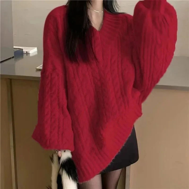 Suéter Oversize Mujer Tejido | Jersey de Punto V-Cuello Harajuku Coreano Otoño Invierno