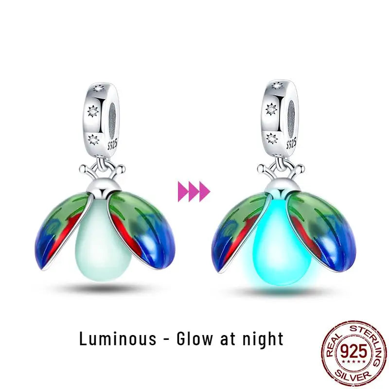 Charm camaleón y luciérnaga que brilla en la oscuridad – Plata 925 para pulsera tipo Pandora, joyería DIY única