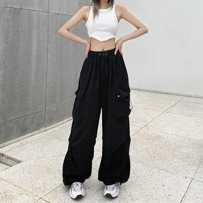 Women's loose oversized multi pocket black multi-color casual pants with wide legs
