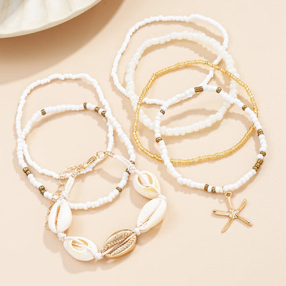 7pcs/set Bohemian Holiday Wind Shell Beaded Woven Bracelet Starfish Rice Beads Women's Bracelet Set Beach Party Seaside Holiday