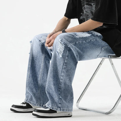 Jeans Hombre Verano Rasgados Rectos | Pantalones Vaqueros Sueltos Retro Cordón Ajustable Streetwear