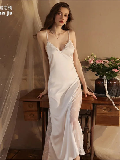 Camisón Largo Sexy Mujer | Lencería Satén Tirantes Espagueti y Encaje
