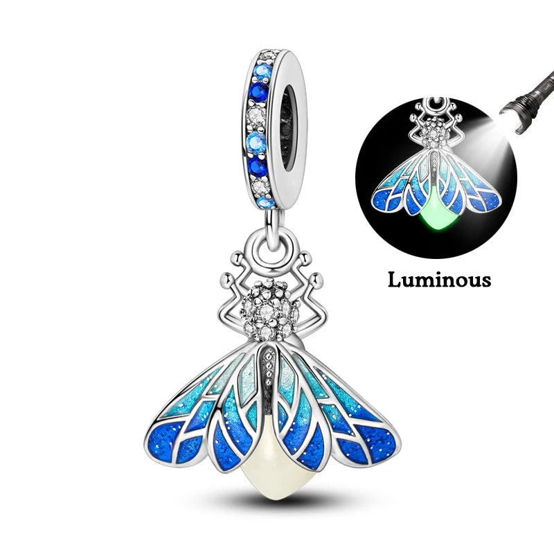 100% 925 Sterling Silver Creative Blue Luminous Firefly Charms Pendants Fit Qikaola 925 Original Bracelets DIY Birthday Jewelry