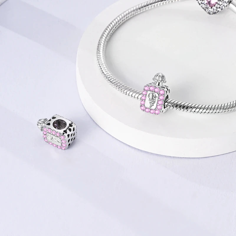 Charm Botella de Perfume en Plata 925 con Corona Rosa – Abalorio Romántico para Pulseras Tipo Qikaola, Regalo San Valentín