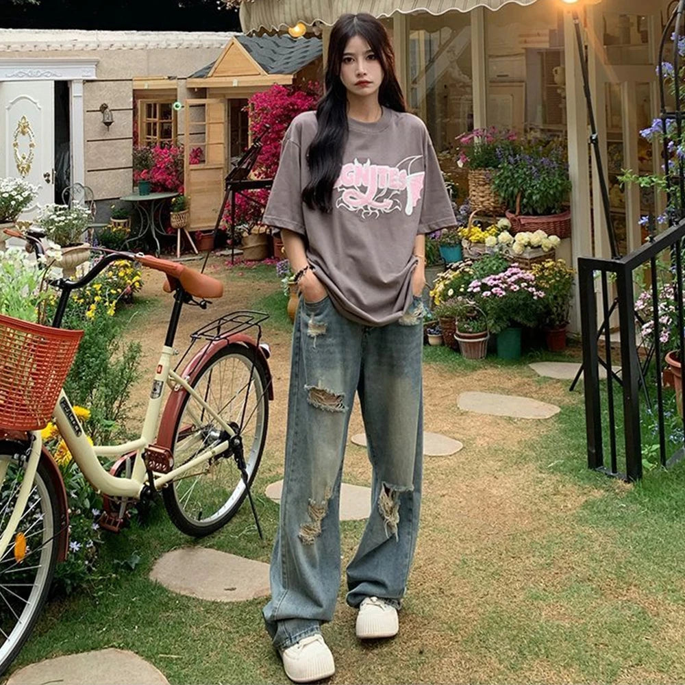 Jeans Vintage Y2K Mujer | Pantalón Vaquero Ancho de Tiro Alto con Rotos Streetwear