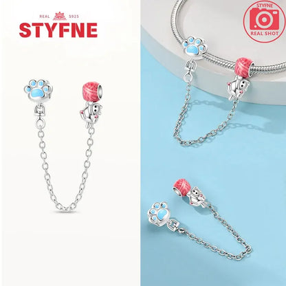 Charm Gato con Corazón de Plata 925 | Cadena de Seguridad para Pulseras Pandora Mujer