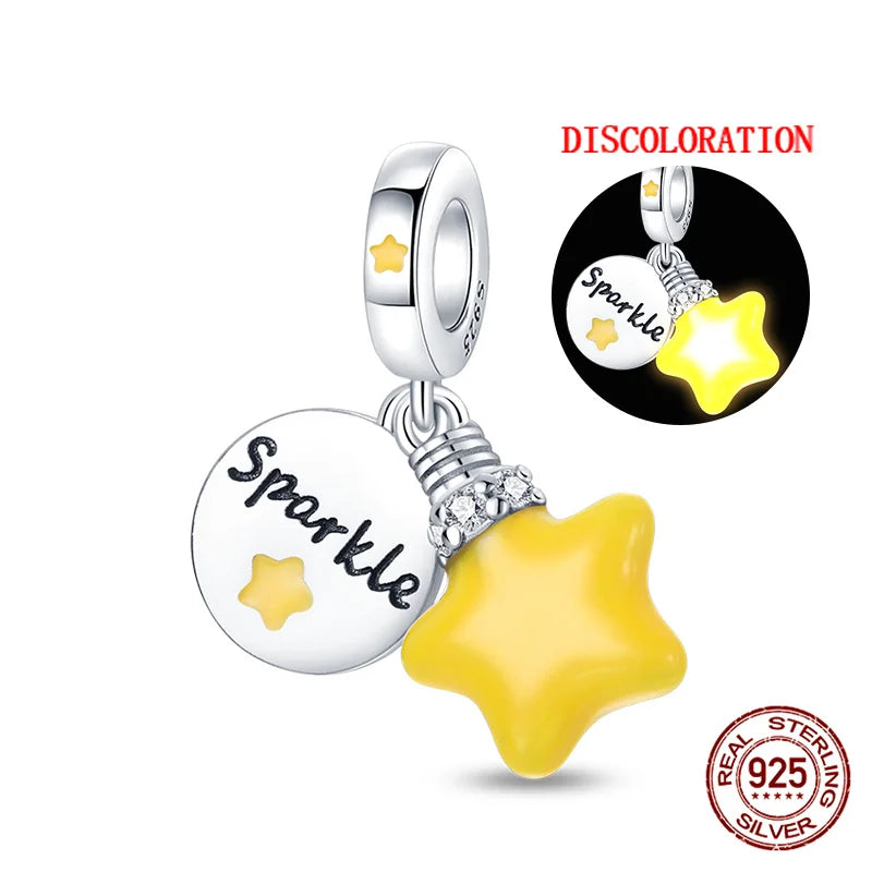 Charm luna y estrellas luminoso plata 925 – Abalorio brillante para pulsera tipo Pandora mujer