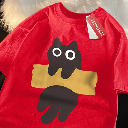 Camiseta Oversize con Estampado de Gato – T-shirt Manga Corta Estilo Japonés Unisex, Algodón, Cuello Redondo