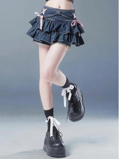 Falda Corta Plisada Mujer Denim Azul | Diseño con Lazo y Shorts Internos Estilo A-Line