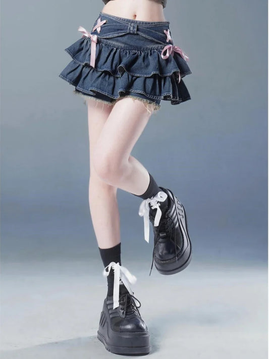 Falda Corta Plisada Mujer Denim Azul | Diseño con Lazo y Shorts Internos Estilo A-Line