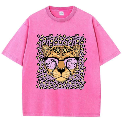 Camiseta Oversize Mujer Vintage | Algodón Lavado Ácido Estampado Leopardo Caricaturas