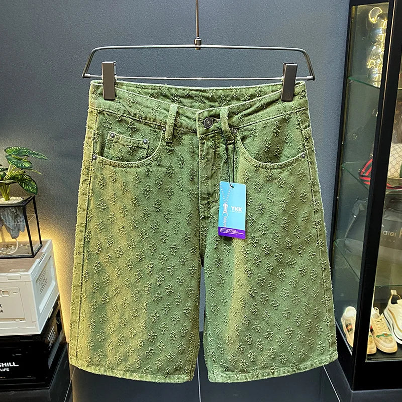 2025 new summer high-end denim shorts for men, loose straight leg oversized pants, retro embroidered five quarter pants