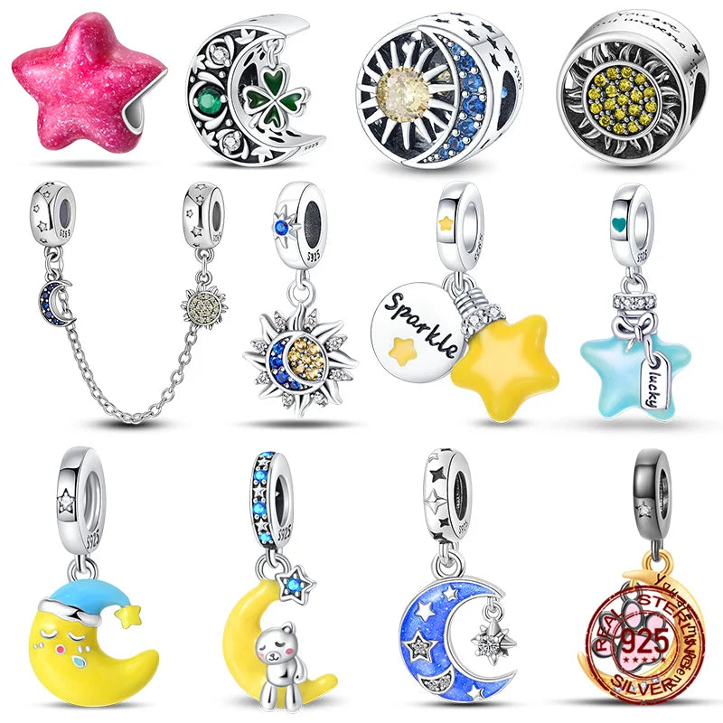 Charm luna y estrellas luminoso plata 925 – Abalorio brillante para pulsera tipo Pandora mujer