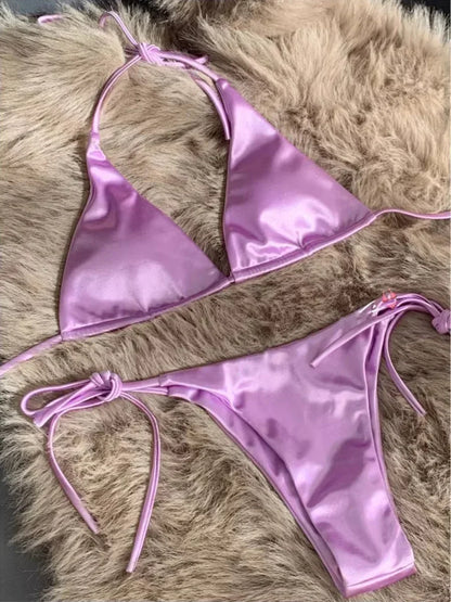 Bikini Brasileño Halter Mujer | Satinado Metálico Push Up 2 Piezas