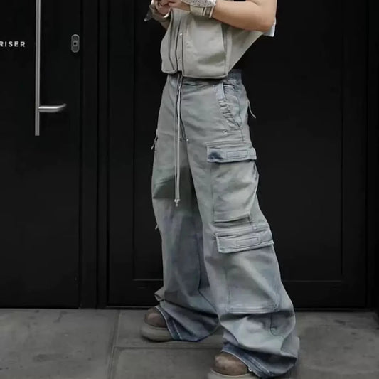 Jeans Cargo Oversize Multibolsillos Unisex | Pantalones Vaqueros Baggy Streetwear Wide Leg con Cintas