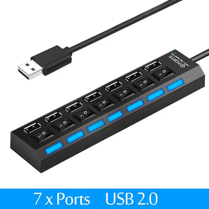 Coolcirc Hub USB 2.0 con 7 Puertos y Switch Individual | Extensor USB para PC, Laptop y Desktop