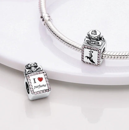 Charm Botella de Perfume en Plata 925 con Corona Rosa – Abalorio Romántico para Pulseras Tipo Qikaola, Regalo San Valentín