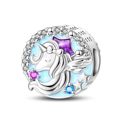 Charm de Plata 925 Trébol Azul Degradado y Flor Iris Rosa – Abalorio Elegante para Pulseras Originales
