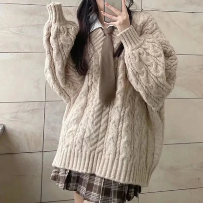 Suéter Oversize Mujer Tejido | Jersey de Punto V-Cuello Harajuku Coreano Otoño Invierno