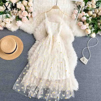 Vestido Verano Mujer Estilo Coreano | Vestido Midi Doble Capa con Tirantes y Estampado de Margaritas