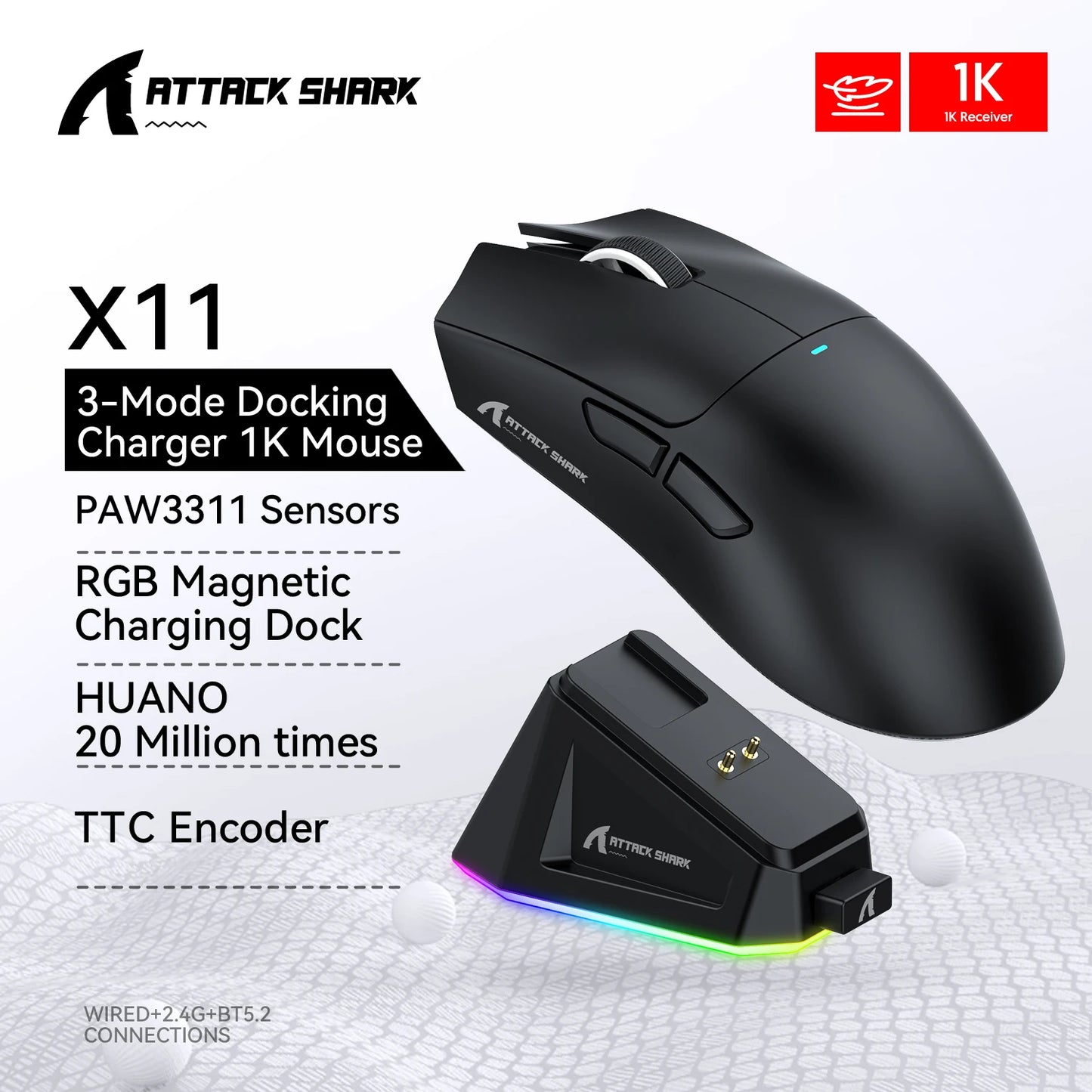 Attack Shark X11 Gaming Mouse – Tri-Mode (Bluetooth/2.4G/USB) con RGB, Dock de Carga Magnético y Sensor PAW3311