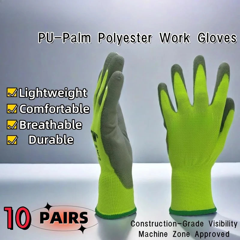 10 Pares Guantes de Trabajo PU 🧤 Antideslizantes, Resistentes y Ligeros – Guantes de Seguridad Certificados EN 388/ISO20471 (Tallas S/M/L/XL)