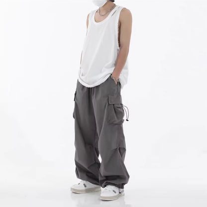Pantalones Casual de Moda para Hombre – Streetwear, Color Sólido, Cargo, Cintura Elástica, Pierna Ancha, Joggers Primavera-Verano